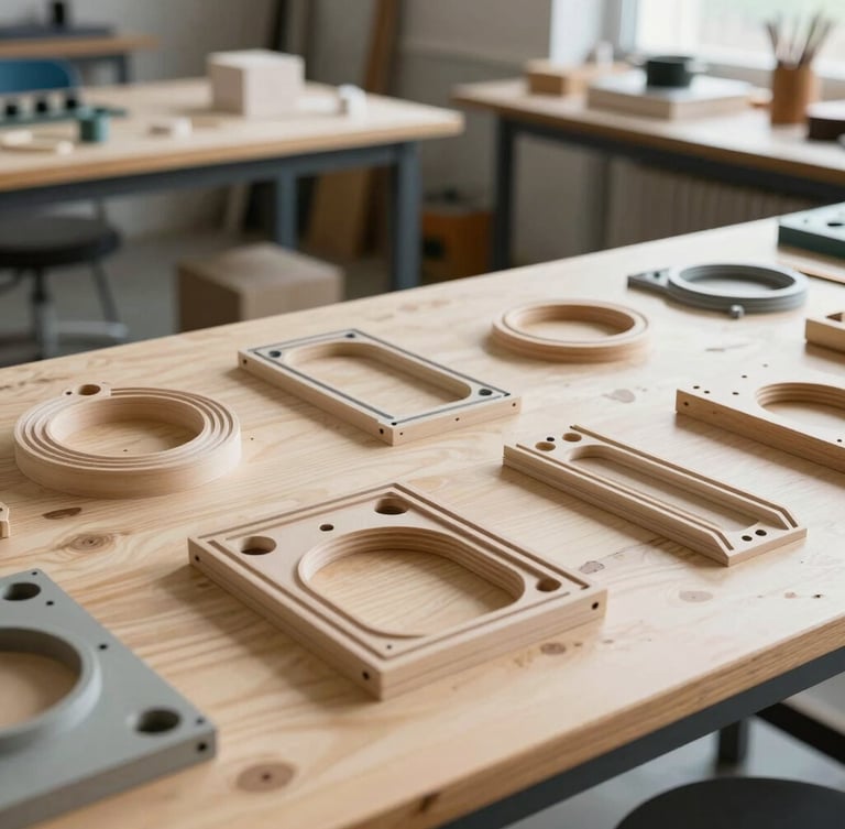 Wide clean environmental shot of an active hardware workspace, physical prototypes on a wooden bench, bright natural daylight, architectural lines.