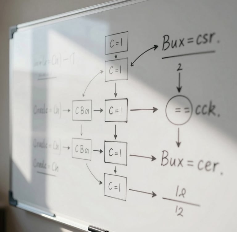 Macro shot of a physical whiteboard with complex system architecture diagrams and mathematical formulas, hard directional office daylight, sharp focus on hand-drawn lines.