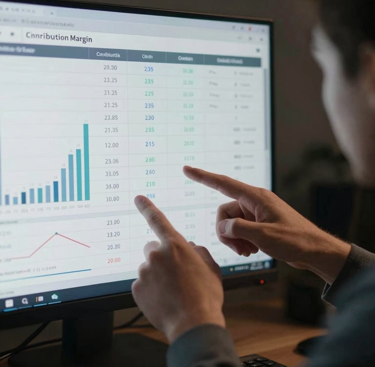 Candid close-up of a strategist's hands pointing to a clean financial dashboard displaying contribution margin metrics on a dark screen in a dimly lit room.