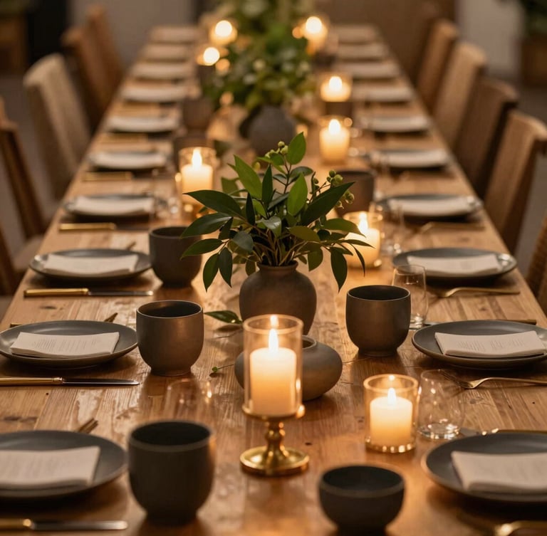 Warm editorial photography of a long banquet table set with modern charcoal ceramics, glowing brass candlesticks, and structural green foliage installations, shallow depth of field, 35mm