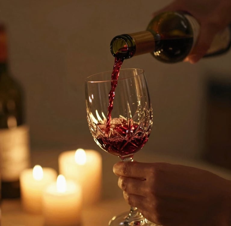 Close-up detail of hands pouring red wine into a delicate crystal glass, warm ambient candlelight, soft golden-hour light, rich saturated tones, shallow depth of field, 35mm