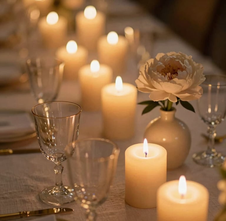 Close-up detail of a luxury wedding tablescape, hand-poured beeswax candles flickering, delicate gold-rimmed glassware, textured linen, a single pale peony in a ceramic vase, shallow depth of field, warm candlelight