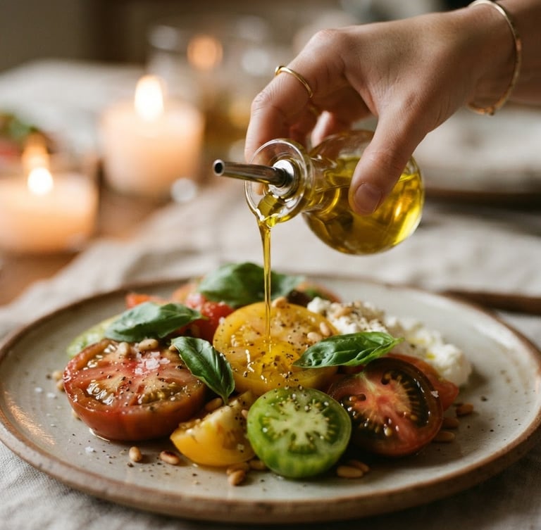Tight macro shot of a hand pouring clear golden olive oil over a perfectly plated heirloom tomato dish, soft ambient candlelight, shallow depth of field, 35mm