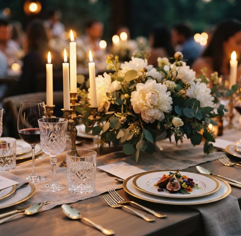 Close-up of a meticulously set tablescapes at dusk, warm ambient candlelight reflecting on crystal glassware, delicate white peony centerpiece, shallow depth of field, 35mm editorial photography