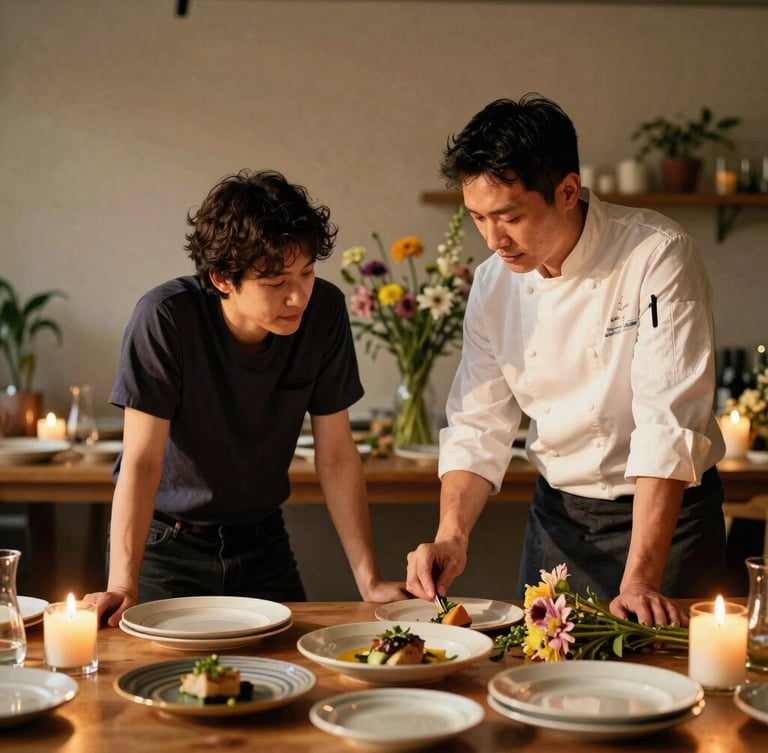 Warm editorial portrait of a creative director and a head chef collaborating in a sunlit studio, surrounded by loose floral stems and ceramic plates, shallow depth of field, 35mm