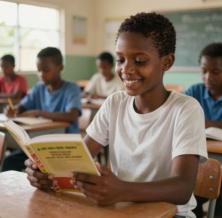 Candid medium shot of a Haitian student smiling, holding a new textbook in a sunlit classroom, natural Caribbean sunlight, rich organic tones, 35mm
