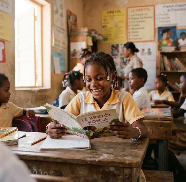 Candid medium shot of a Haitian child smiling and reading a book in a sunlit classroom, natural Caribbean sunlight, warm organic tones, 35mm.