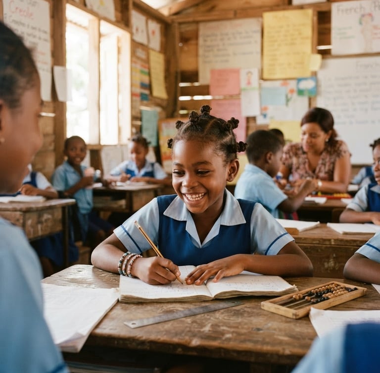 Candid medium shot of a Haitian child smiling and learning in a classroom, natural Caribbean sunlight, warm organic tones, 35mm