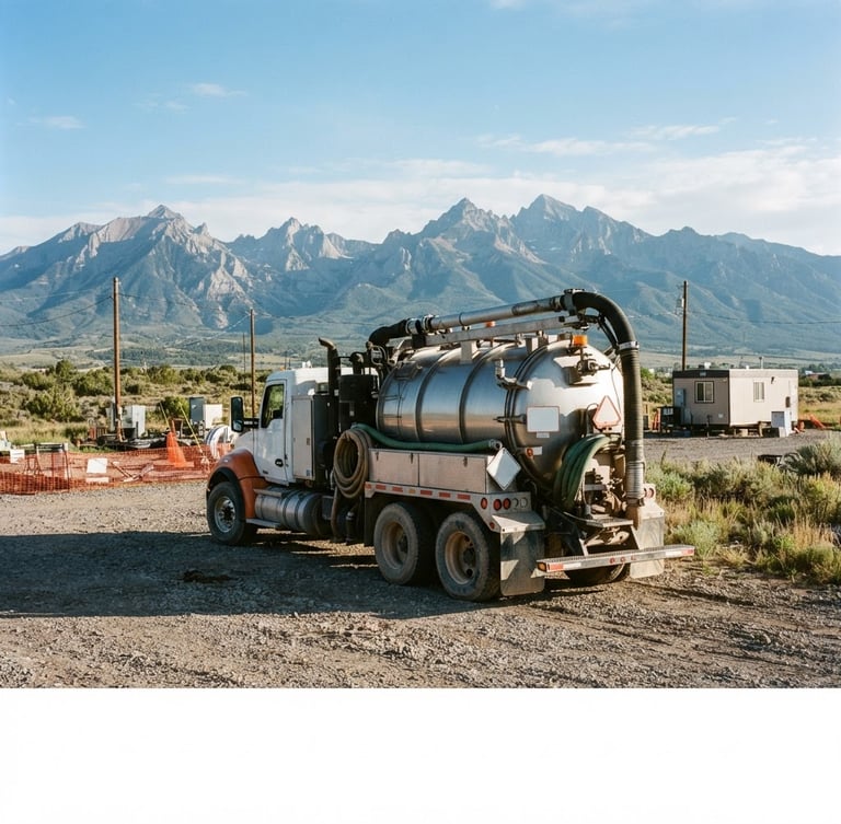 Wide environmental shot of a heavy-duty industrial vacuum truck parked on a gravel utility site in Montrose, rugged Colorado mountains in the background, sharp morning light, high contrast