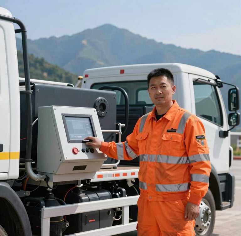 A certified operator in high-visibility safety orange gear standing beside a heavy-duty vacuum truck control panel, bright mountain daylight, professional environmental portrait
