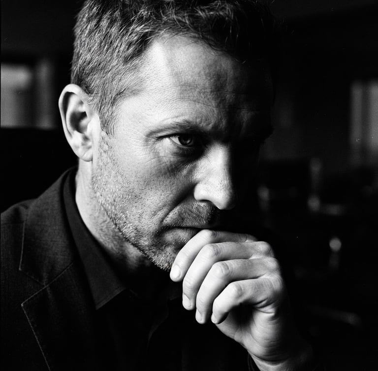 Extreme close-up, high-contrast black and white photography of a focused executive in deep shadow, hard directional side-lighting, sharp 35mm film grain, off-center composition