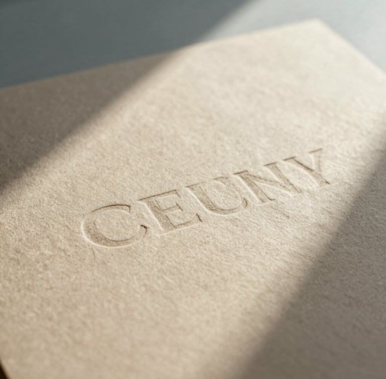 A close-up of tactile printed brand collateral on textured warm beige paper stock, soft natural shadows