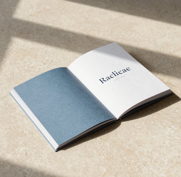 Tactile printed brand book lying open on a light warm beige stone surface, showing clean serif typography, soft natural shadows, minimalist editorial composition.