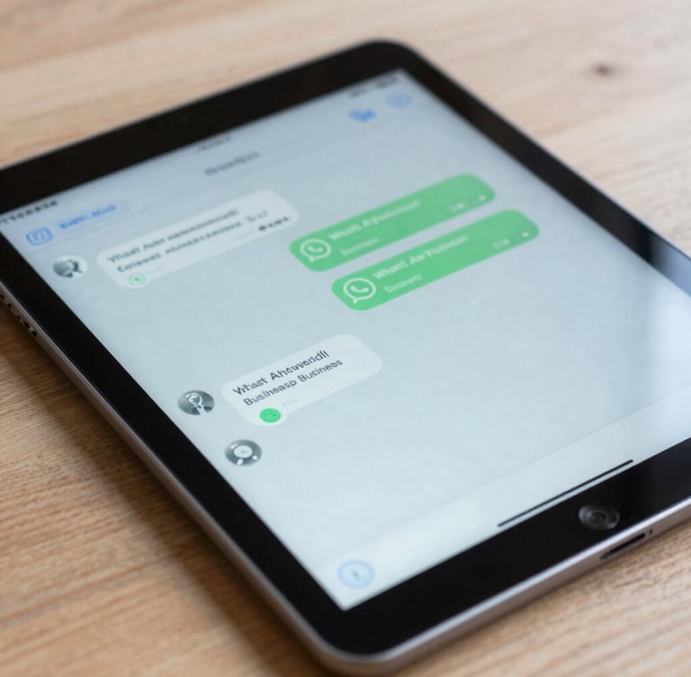 Close-up of a tablet displaying a clean WhatsApp business chat interface on a wooden desk, bright natural daylight, cool blue and slate tones, sharp focus.