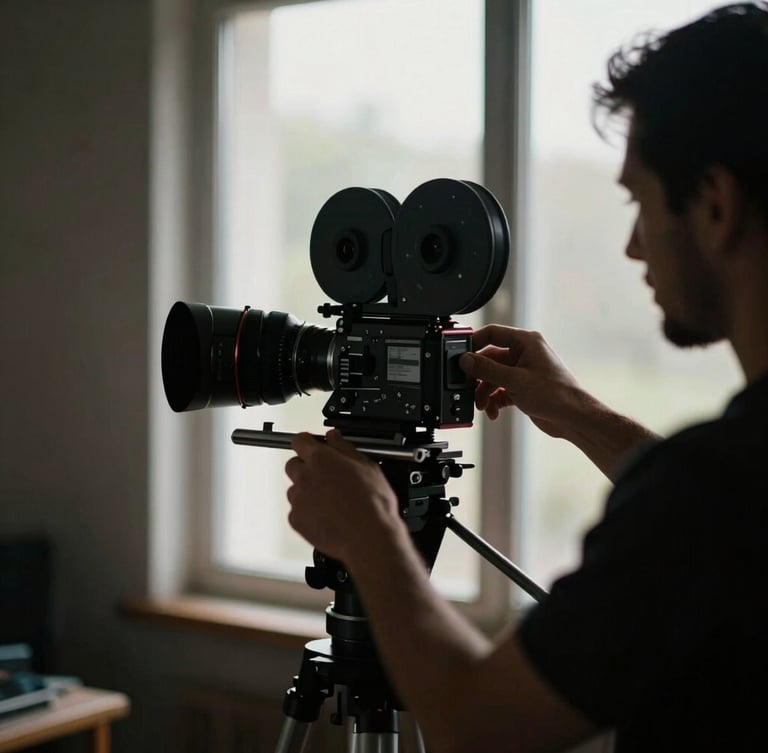 Behind-the-scenes film production shot, director adjusting an analog 35mm camera, dramatic low-key natural window light, rich shadows