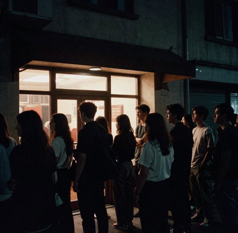 High-contrast film photography of a crowd gathered outside an independent cinema at night, soft warm light spilling from the lobby, rich shadows.
