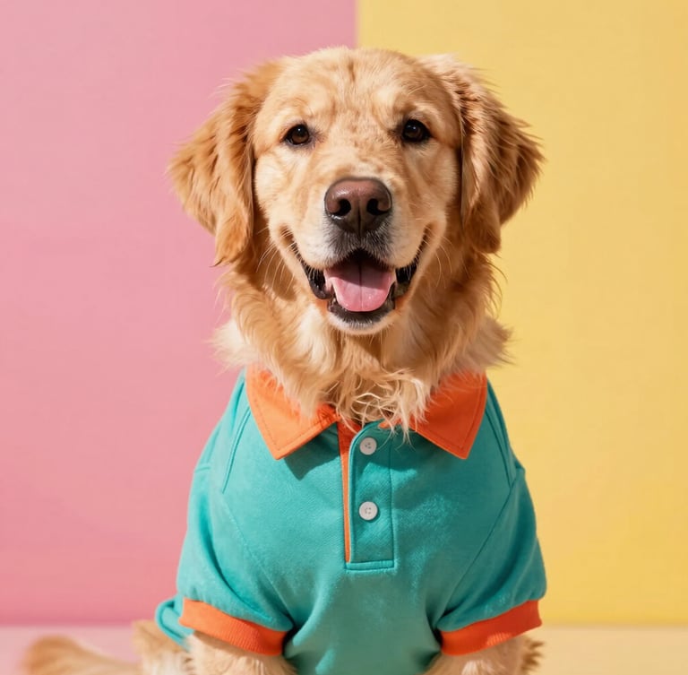 Bright joyful pet photography, a happy golden retriever wearing a colorful handmade teal polo shirt, looking at the camera, warm natural daylight, sharp focus