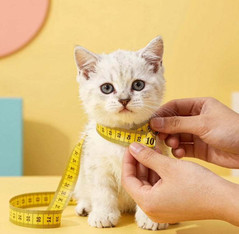 Close-up of hands gently measuring a small fluffy kitten with a soft yellow measuring tape, warm joyful studio lighting, colorful background