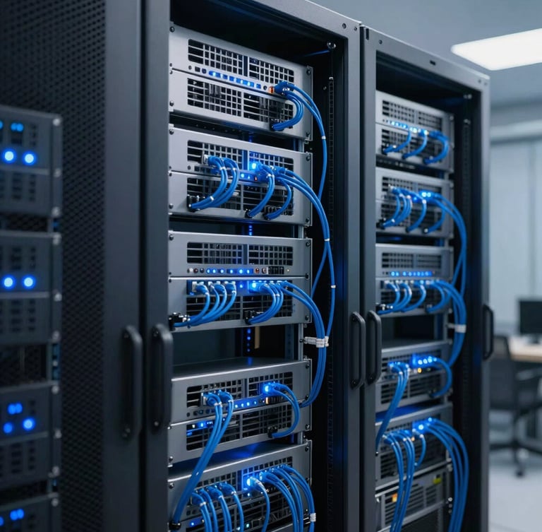 Clean modern server rack room with organized blue ethernet cables, glowing status lights, cool blue and gray tones, professional tech photography, 35mm