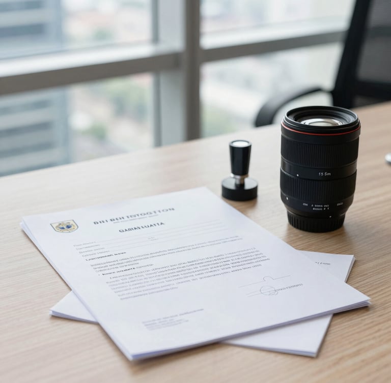 Bright corporate office in Jakarta, official legal documents with stamps on a wooden table, natural office window light, professional 35mm lens, sharp focus