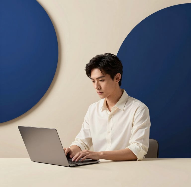 Editorial portrait of a focused professional working in a minimalist, warm-lit studio space, soft shadows, elegant composition, cream and navy tones