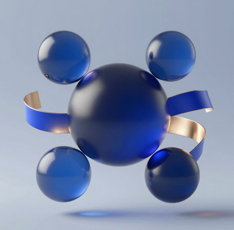 Premium abstract 3D render of floating geometric glass spheres and glowing ribbons, soft studio lighting, royal blue and dark navy gradients, champagne gold highlights, minimalist composition