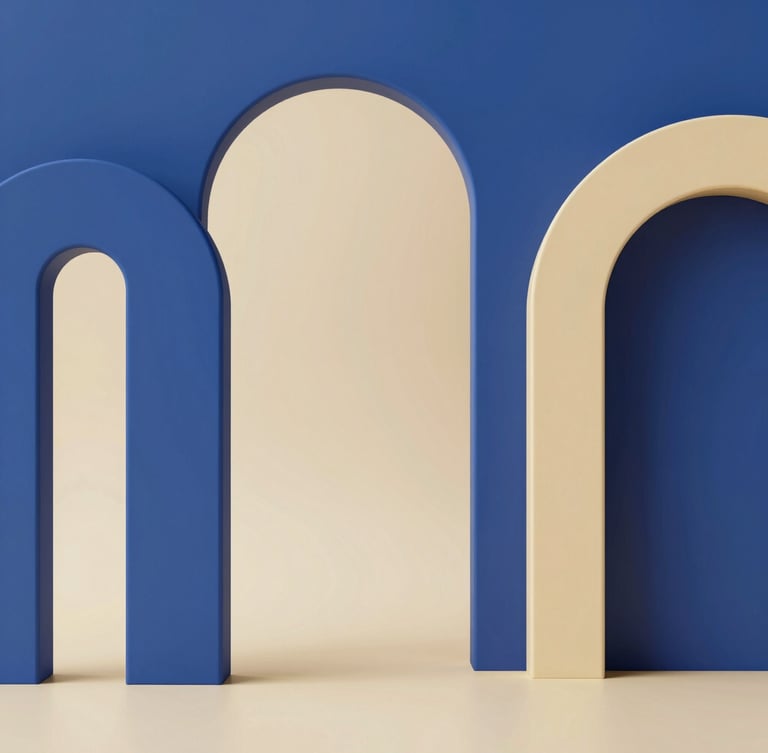 Architectural arches in royal blue and champagne gold, soft studio lighting, generous negative space, minimalist composition
