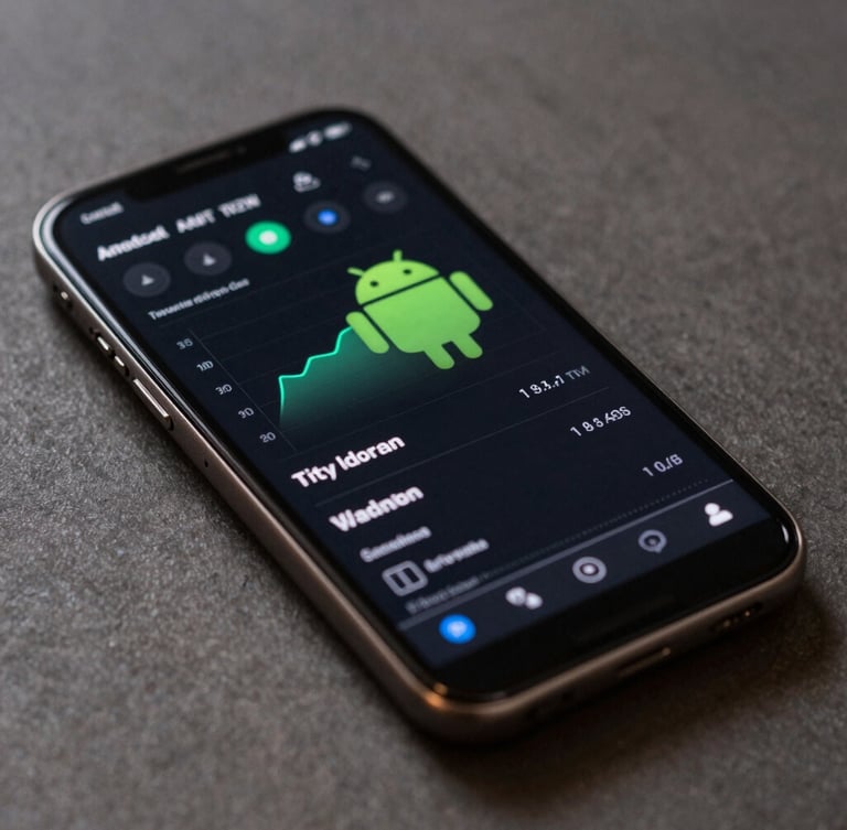 Tight macro shot of a sleek dark-themed Android application displaying real-time data charts on a flagship device, neutral studio light.