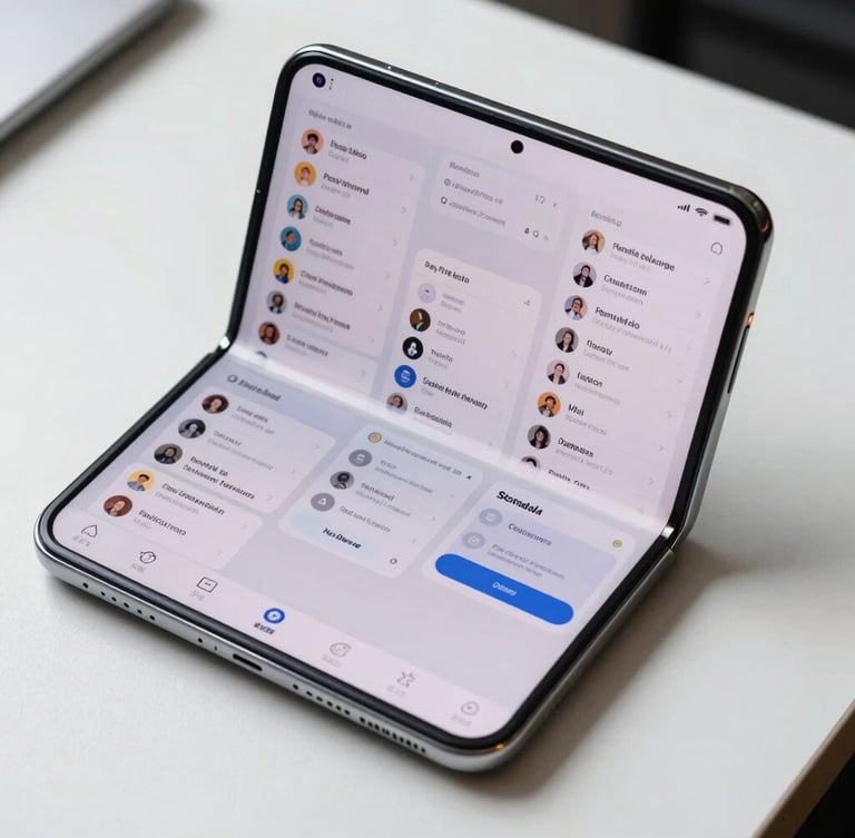 A top-down macro shot of a sleek Android foldable device half-folded on a white desk, displaying a highly detailed multi-column responsive application layout with clean typography.