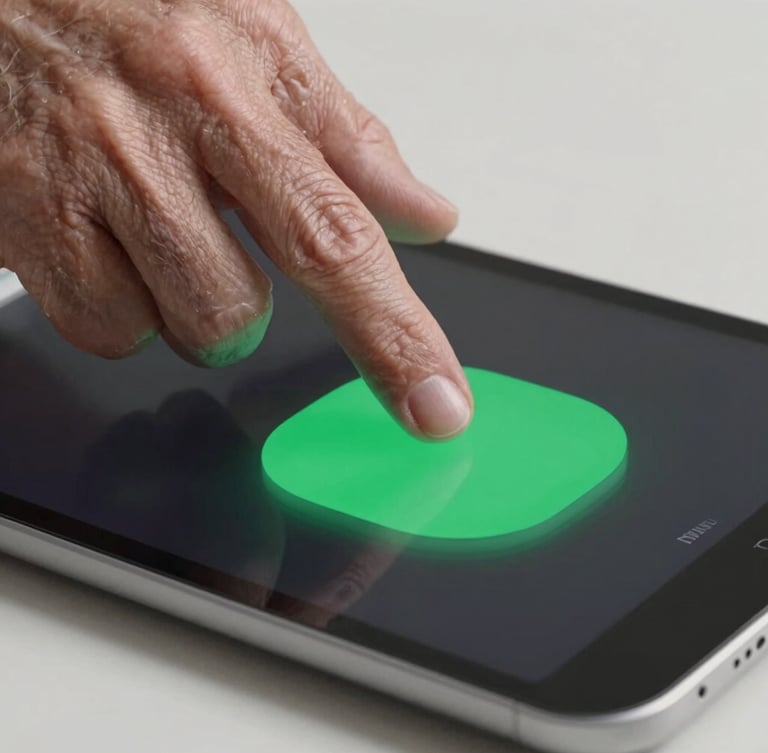 A close-up macro shot of an elderly hand with visible wrinkles gently tapping a large, high-contrast green button on a modern Android tablet. Soft studio lighting highlights the sharp UI details.