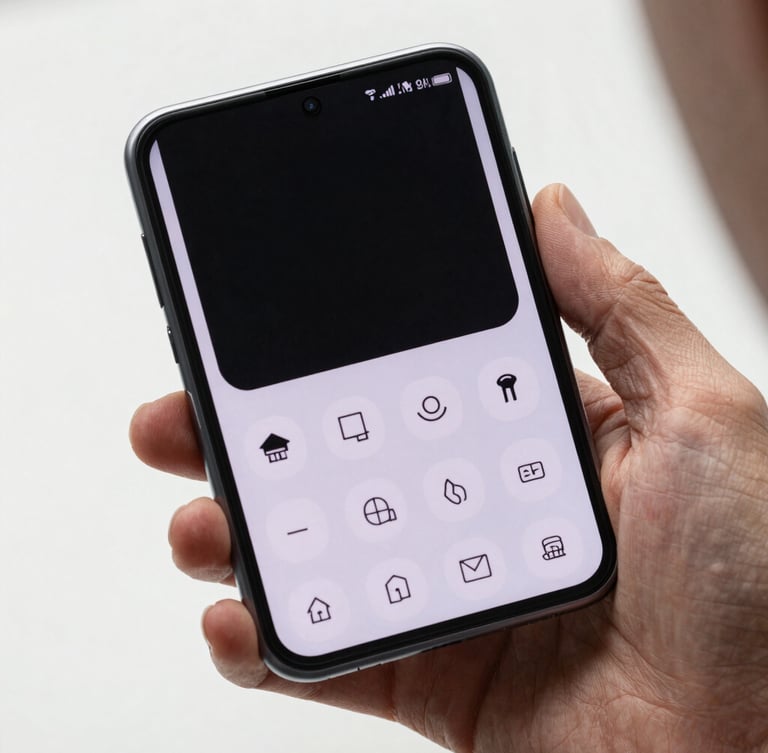 A tight macro shot of a sleek foldable Android phone held by an older adult's hand, displaying a high-contrast, simplified native interface under bright studio light.