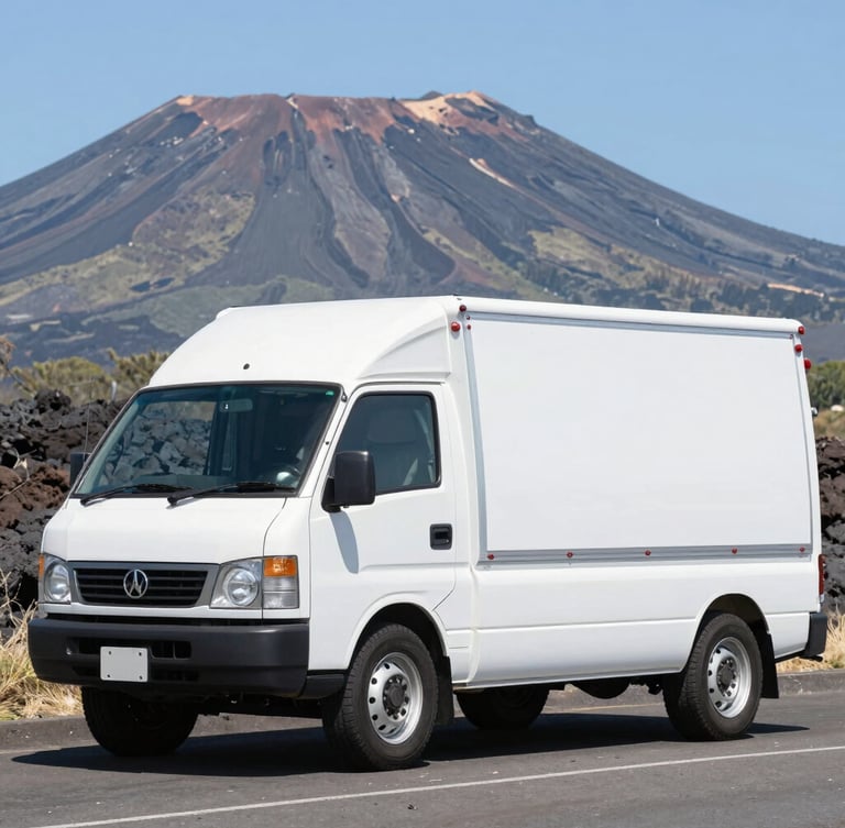 An immaculate white delivery vehicle parked against a dramatic Hawaiian volcanic landscape, bright high-key natural daylight, sharp focus, crisp shadows