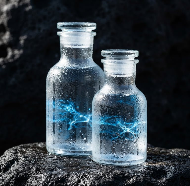 Dramatic high-contrast close-up of pristine glass water carafes with condensation, sharp shadows, deep black volcanic stone background, vibrant blue light refraction, crisp focus