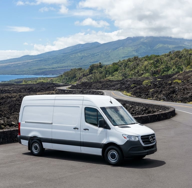 Immaculate white delivery vehicle parked against a dramatic Hawaiian volcanic landscape, sharp focus, bright high-key daylight