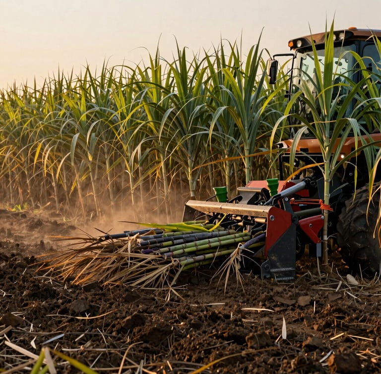Close-up of heavy agricultural machinery harvesting sugarcane at dawn, warm golden light, rich dark soil, dust in the air, professional farming photography