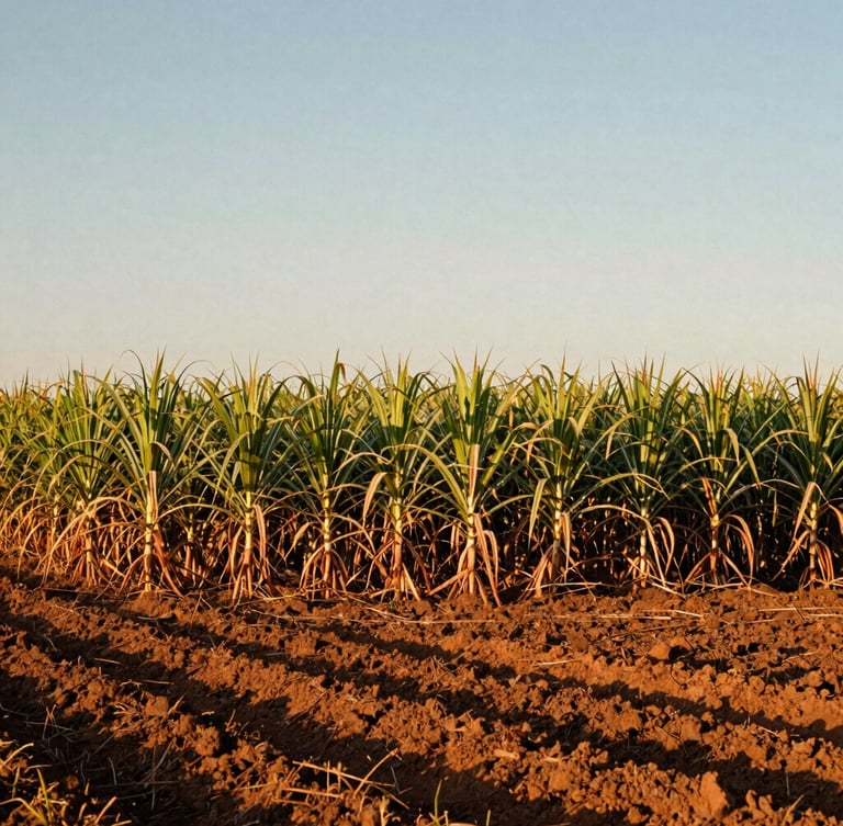 Wide environmental landscape of a sugarcane field in Castilho SP at golden hour, warm dusty sunlight, rich soil tones, 35mm film style