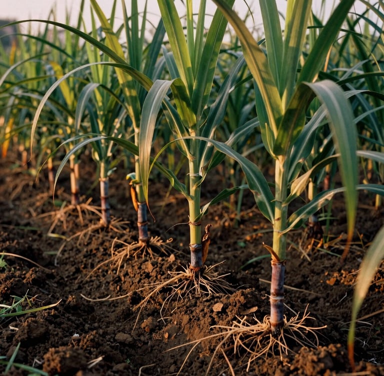 Close-up of rich dark soil with healthy sugarcane roots, warm golden-hour side lighting, professional agricultural photography, 35mm film.