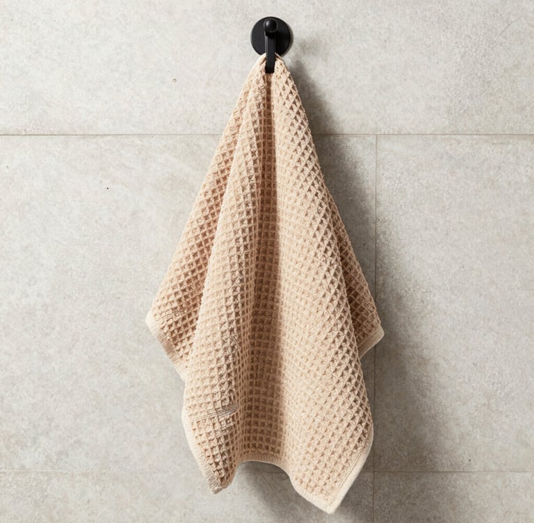 Straight-on architectural crop of a warm oatmeal waffle-weave towel hanging from a matte black hook on a light concrete tiled wall, bright indirect natural daylight, sharp macro detail