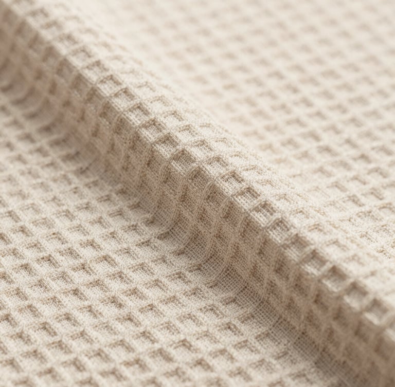 Sharp macro detail of unbleached waffle-weave cotton-linen fabric, bright indirect natural daylight, neutral muted earth tones, 50mm lens