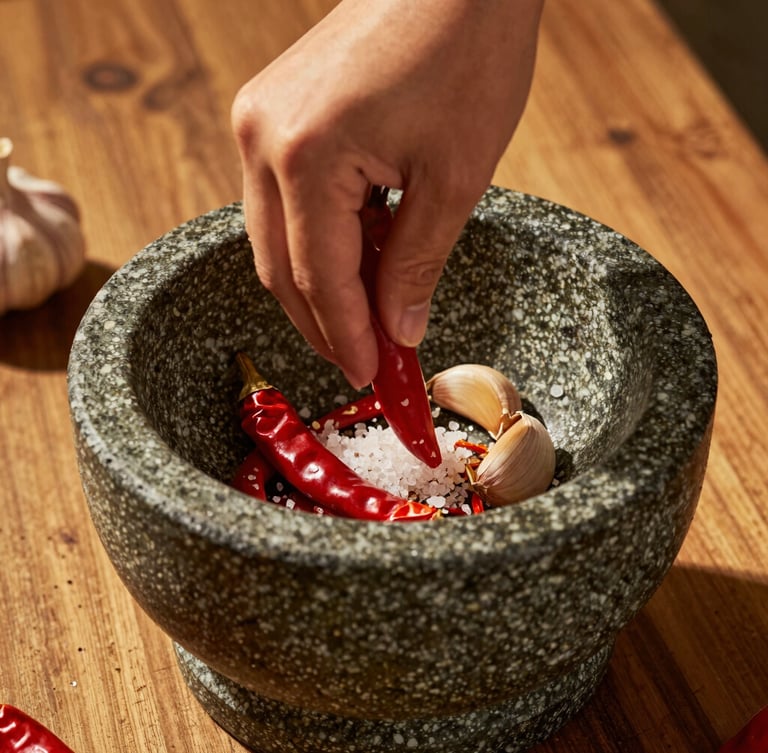 Close-up of a stone mortar with fresh red chilies, garlic, and sea salt being ground by hand, warm golden hour lighting, rustic wooden table