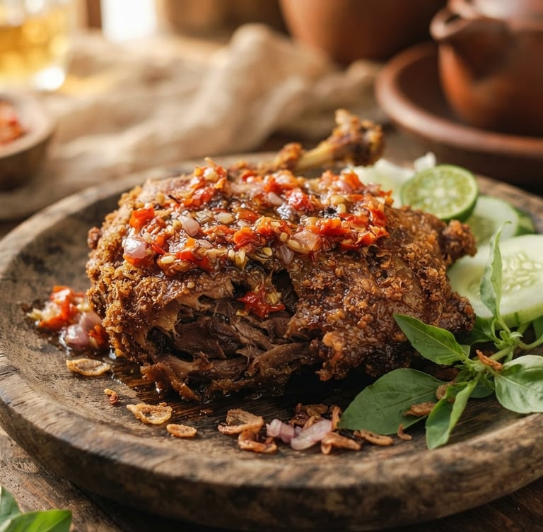 Close-up of crispy Javanese fried duck with glistening red sambal on a rustic wooden plate, warm side-lighting, rich golden tones