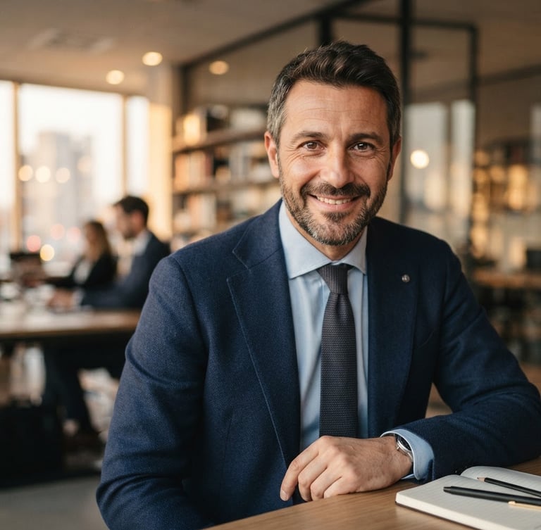 A professional, warm portrait of an Italian insurance broker in his 40s, smiling in natural golden hour light, modern office background with soft focus, 35mm lens.