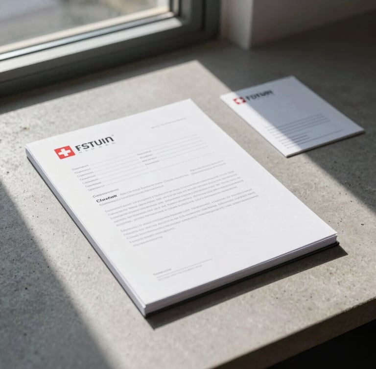 A close-up of premium corporate stationery and structured legal documents on a minimalist concrete desk, cool morning daylight from a window, sharp shadows, Swiss design feel