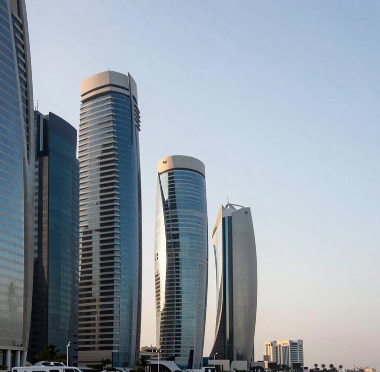 Wide-angle architectural shot of West Bay Doha skyscrapers reflecting cool morning daylight, clean lines, minimalist corporate aesthetic, negative space on the right.