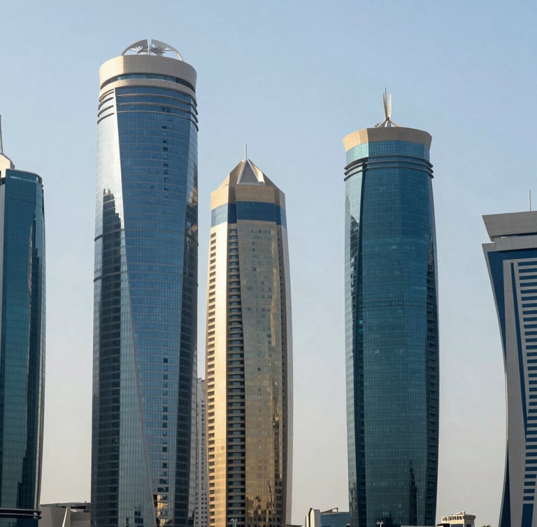 A sharp, high-contrast architectural crop of West Bay Doha skyscrapers in bright cool daylight, clean glass facades reflecting a pale blue sky, structured composition with generous negative space.