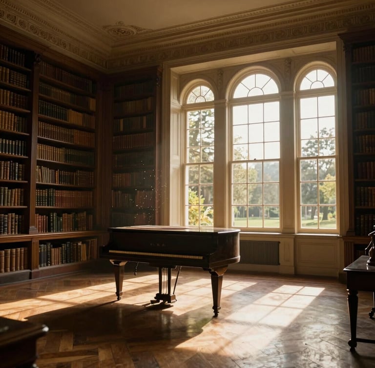 Cinematic wide shot of a historic mansion library in Santa Teresa, late afternoon golden light filtering through high colonial windows, dust motes visible in the air, antique piano in the background, chiaroscuro lighting.