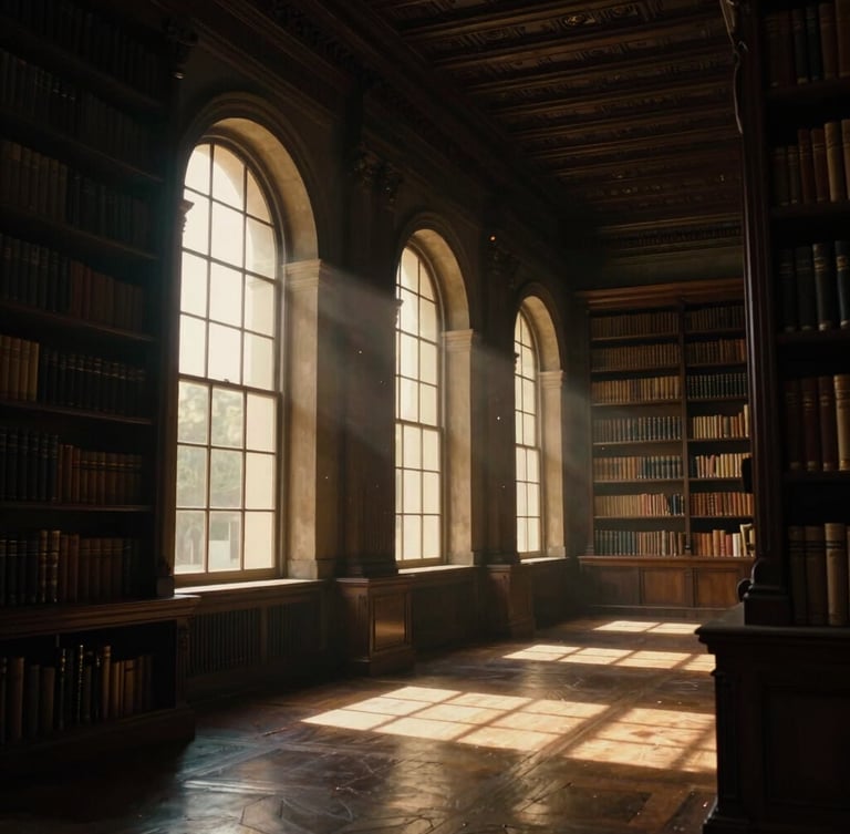 Cinematic wide shot of a dimly lit historic library in Santa Teresa, late afternoon golden hour filtering through high windows, dust motes visible, deep charcoal and antique gold tones.