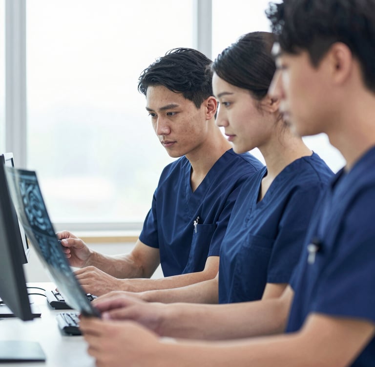 Medium close-up of three medical specialists in deep blue scrubs analyzing clinical scans on a monitor, soft natural window light, shallow depth of field