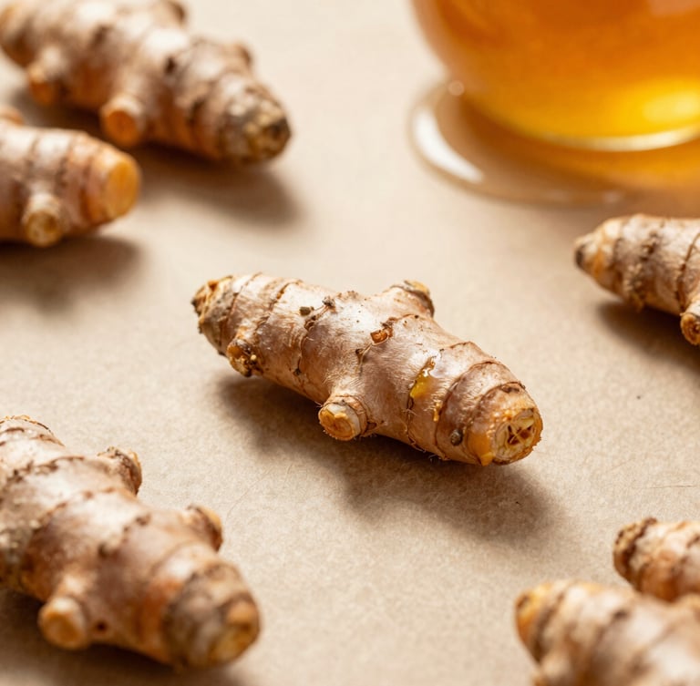 Macro overhead shot of raw Himalayan turmeric roots and wild forest honey on textured handmade paper, soft golden-hour window light, shallow depth of field, 35mm