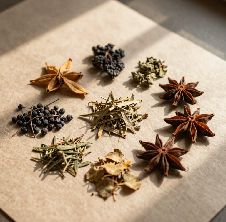 Overhead flat-lay of raw Himalayan herbs and organic spices on textured handmade paper, soft golden-hour side-lit window shadows, shallow depth of field